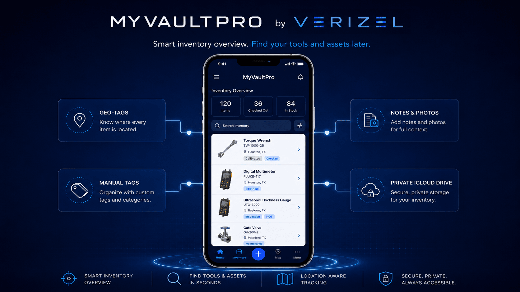 MyVaultPro inventory overview showing tools, tags, notes, photos and private iCloud Drive storage.